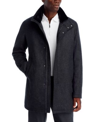 Diagonal Wool &amp; Nylon Overcoat with Removable Faux Fur Collar