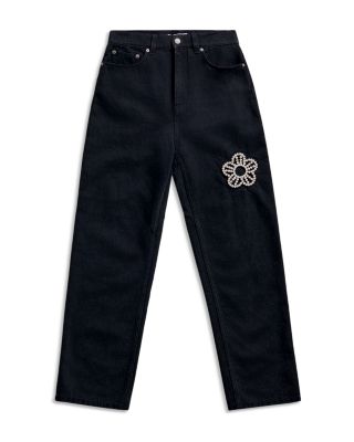 Crystal Flower Mid Rise Straight Jeans in Black