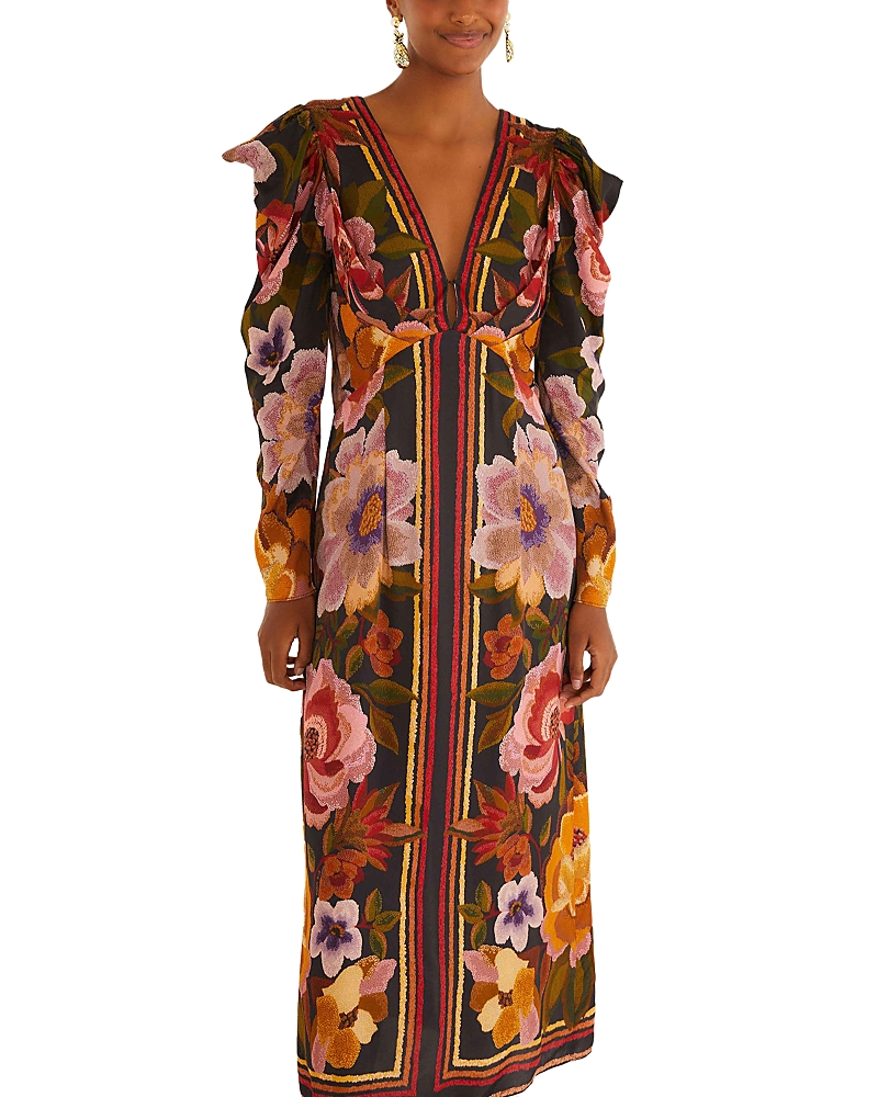 Farm Rio Viscose Long Dress With Chenille Flowers Print In Brown