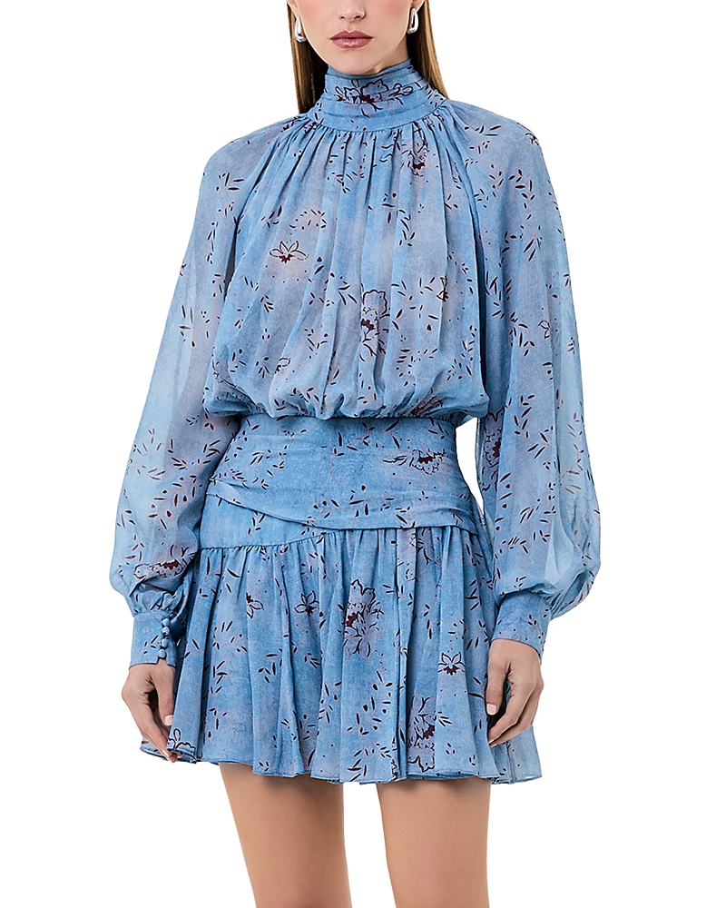 Nicholas Cecile Long Sleeved High Neck Godets Mini Dress In Blue
