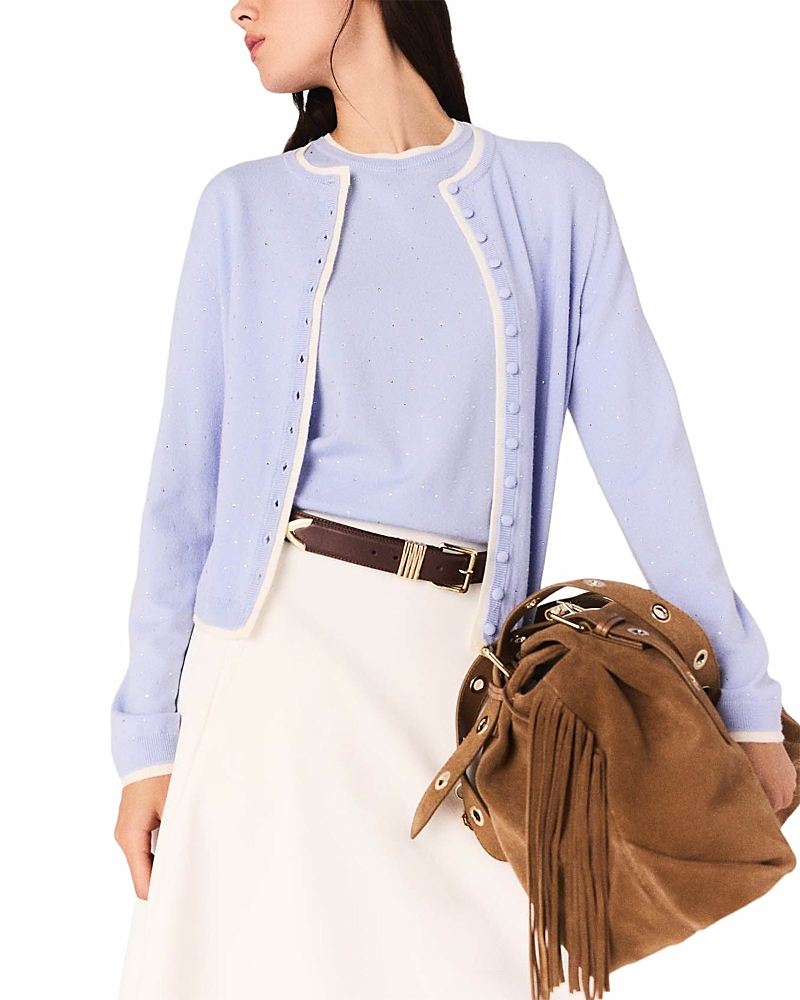 Maje Womens Blue Rhinestone-embellished Contrast-trim Stretch Wool-blend Cardigan In Blue