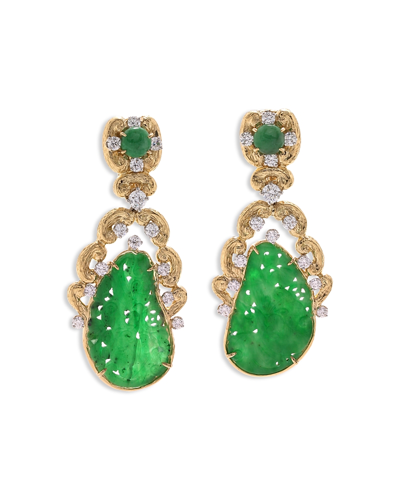 David Webb Diamond & Jade Scroll Earrings In 18k Yellow Gold & Platinum In Green