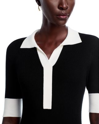 Elbow Sleeve Split V Neck Collar Rib Dress with Contrast Trim