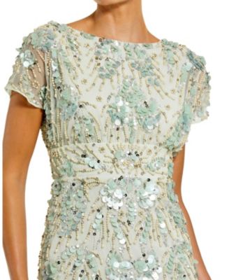  Embellished Mesh Cap Sleeve Midi Dress