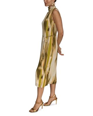 Sleeveless Mock Neck Pleated Midi Dress