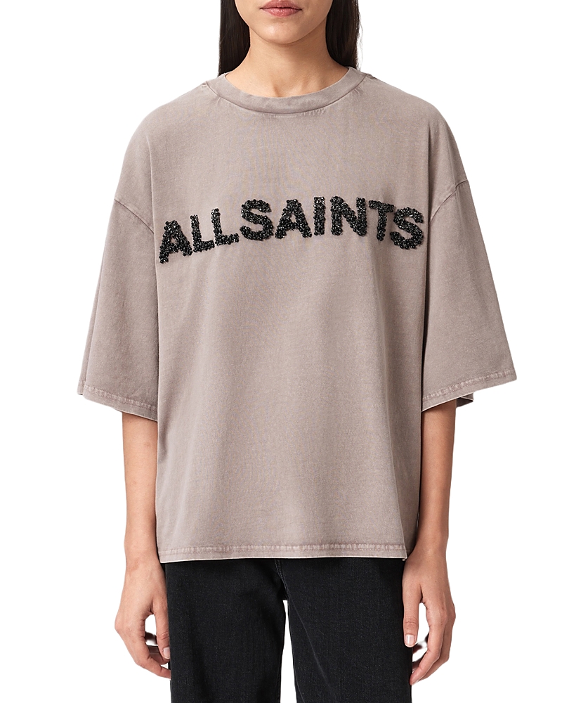 Allsaints Amelie Oversize Embellished Logo Cotton T-shirt In Brown