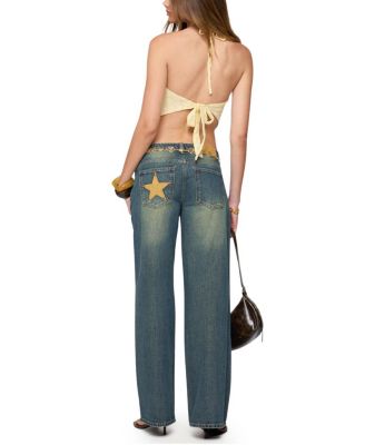 Faux Suede Star Low Rise Blue Wash Jeans