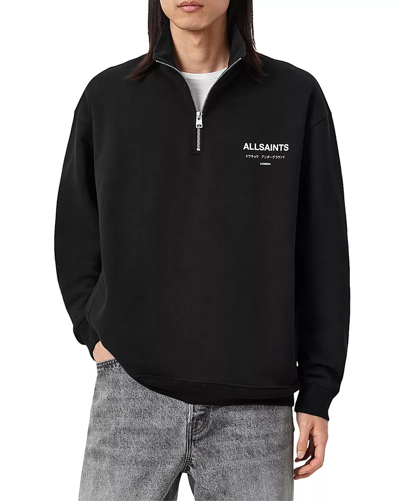 Allsaints Underground Cotton Logo Print Oversized Fit Half Zip Sweatshirt