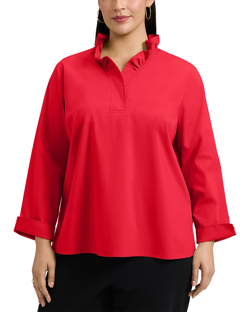 Foxcroft Plus Tammy Long Sleeve Popover Top In Red