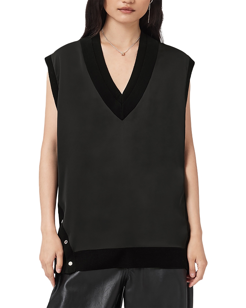 Allsaints Womens Black Bern Stud-embellished Satin And Wool Tank Top In Black