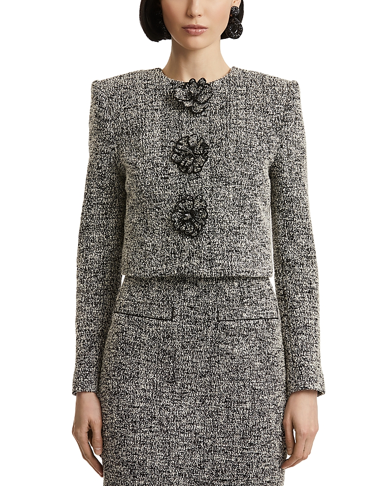 Oscar De La Renta Long Sleeve Boucle Tweed Jacket In Gray