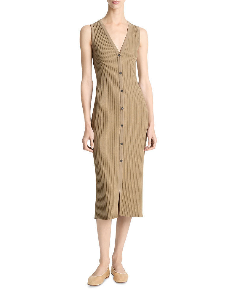 Vince Sleeveless Ribbed Button-front Dress In Brown