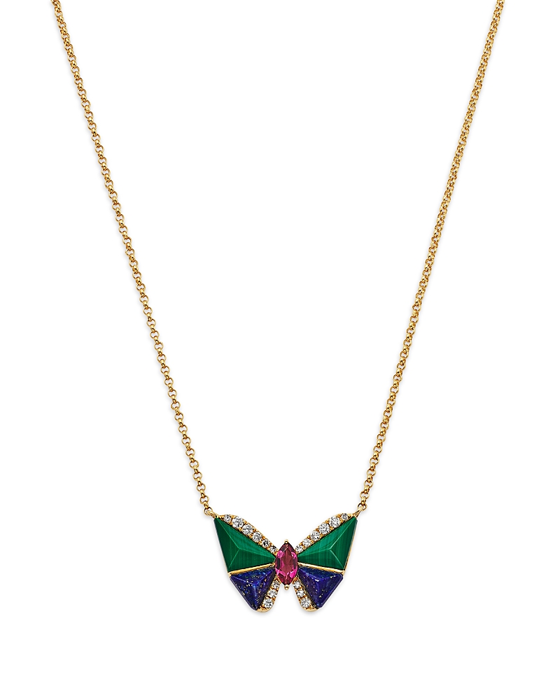 Bloomingdale's Fine Collection Pink Tourmaline, Lapis Lazuli, Malachite & Diamond Butterfly Necklace in 14K Yellow Gold, 16