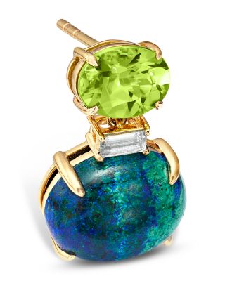 Blue Topaz, Peridot & Azurite East West Oval Drop Earrings in 14K Yellow Gold