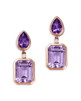 Amethyst, Pink Amethyst & Diamond Drop Earrings in 14K Rose Gold