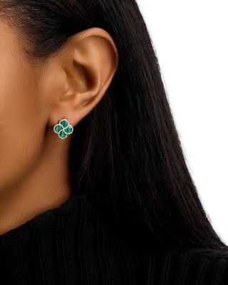 Malachite & Diamond Clover Stud Earrings in 14K Yellow Gold