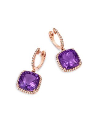 Amethyst & Diamond Cushion Halo Dangle Hoop Earrings in 14K Rose Gold