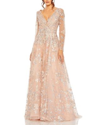 Embellished Wrap Over Illusion Long Sleeve A-line Dress