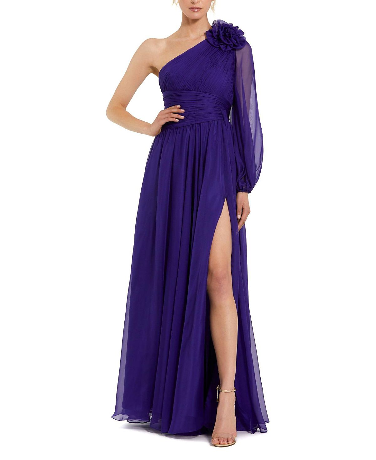 Mac Duggal One Sleeve Ruched Chiffon Gown with 3D Flower