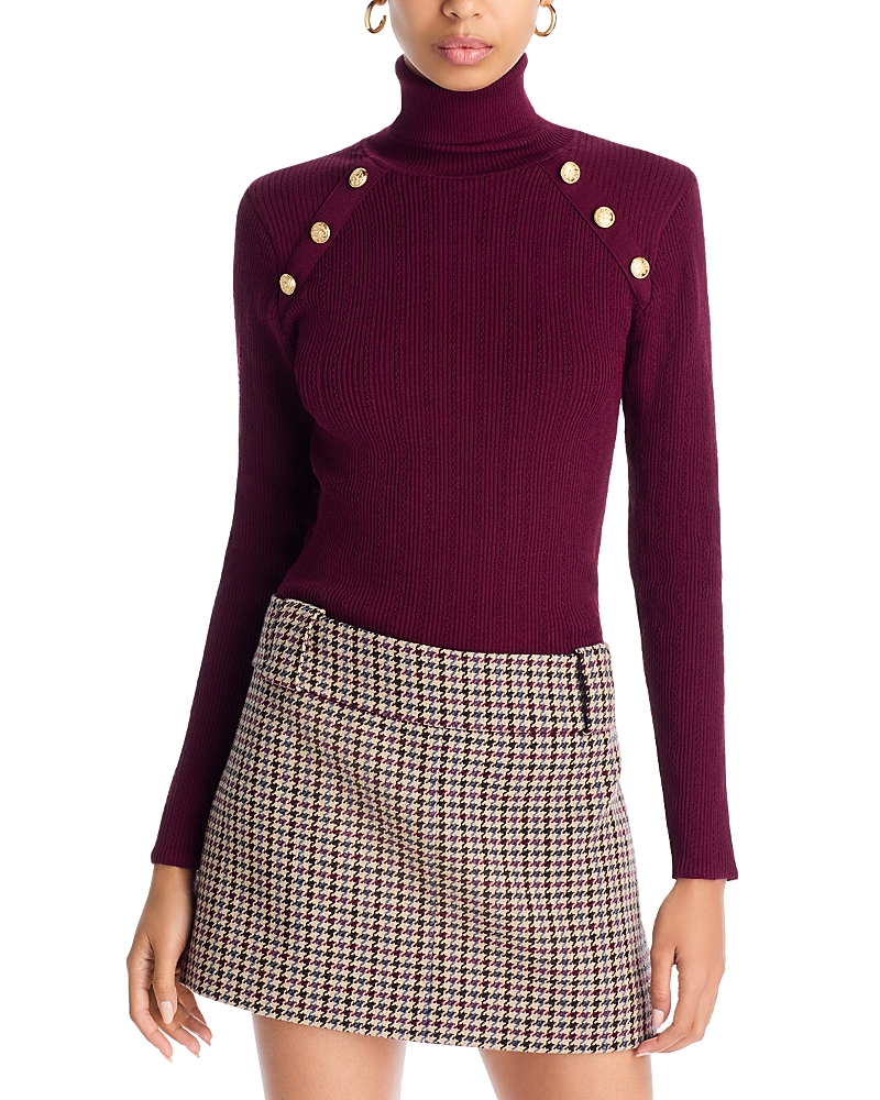 Aqua Button Trim Turtleneck Sweater - Exclusive In Burgundy
