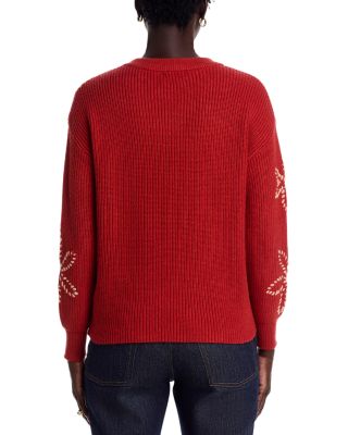 Long Sleeve Crewneck Sweater with Floral Embroidery
