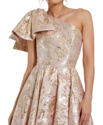 Floral Brocade One Shoulder High Low Gown With Bow