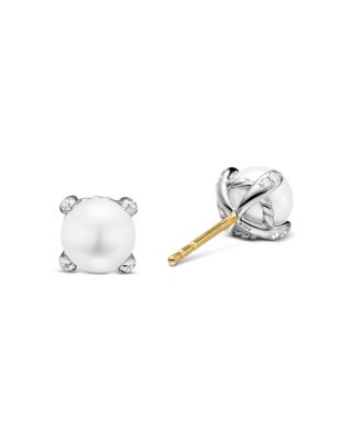 Pearl Classics Stud Earrings in Sterling Silver and Diamonds, 6.6mm