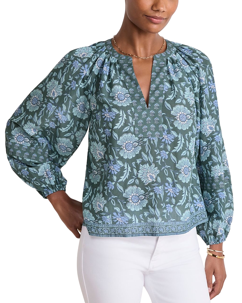 Vineyard Vines Print Split Neck Popover Top In Green