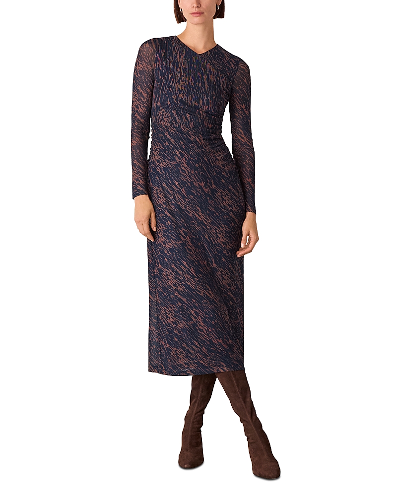 Whistles Womens Blue Abstract Marks Mesh Midi Dress In Brown