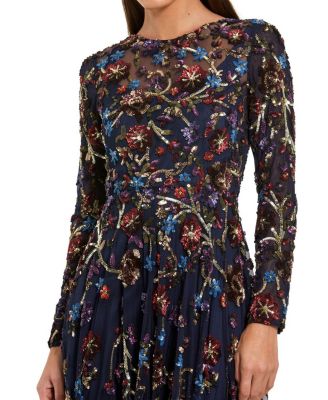 Beaded Mesh Long Sleeve High Neck A Line Gown