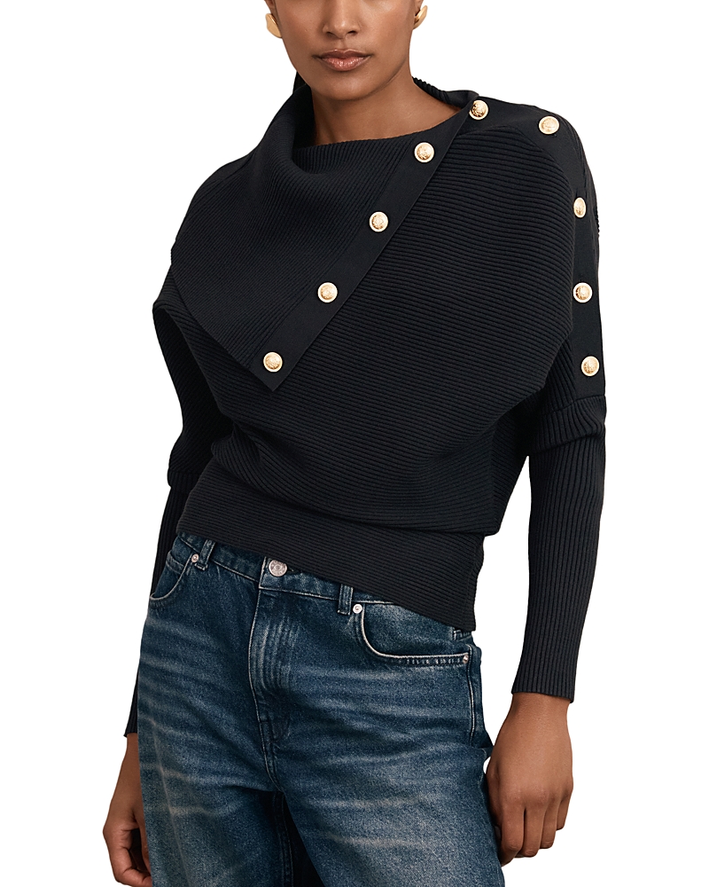 Reiss Navy Rib-knit Button Shawl Jumper In Black