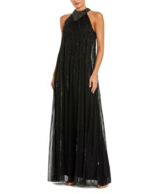 Mac Duggal - Black Sleeveless Halter Neck Embellished Trapeze Gown - US 12