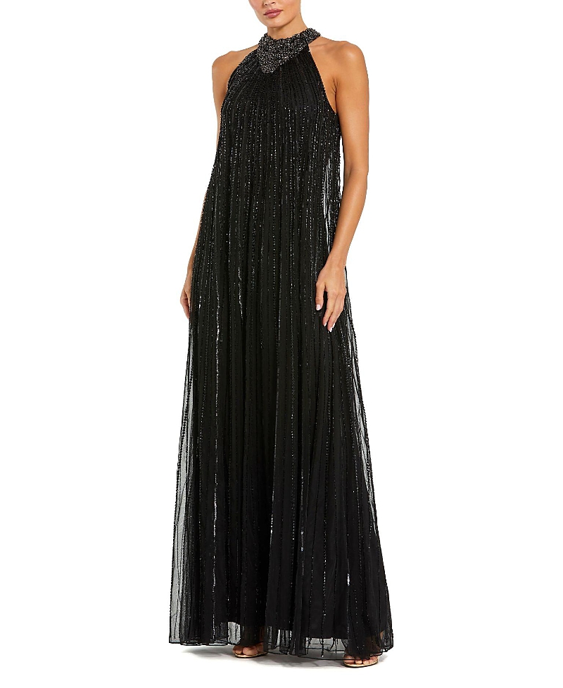 Mac Duggal Sleeveless Halter Neck Embellished Trapeze Gown In Black