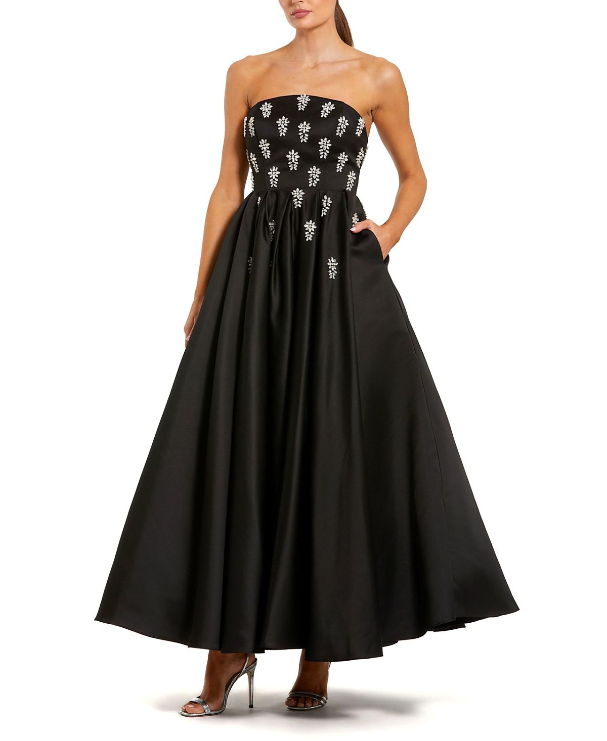 Mac Duggal Crystal Embellished Strapless Satin A-Line Dress