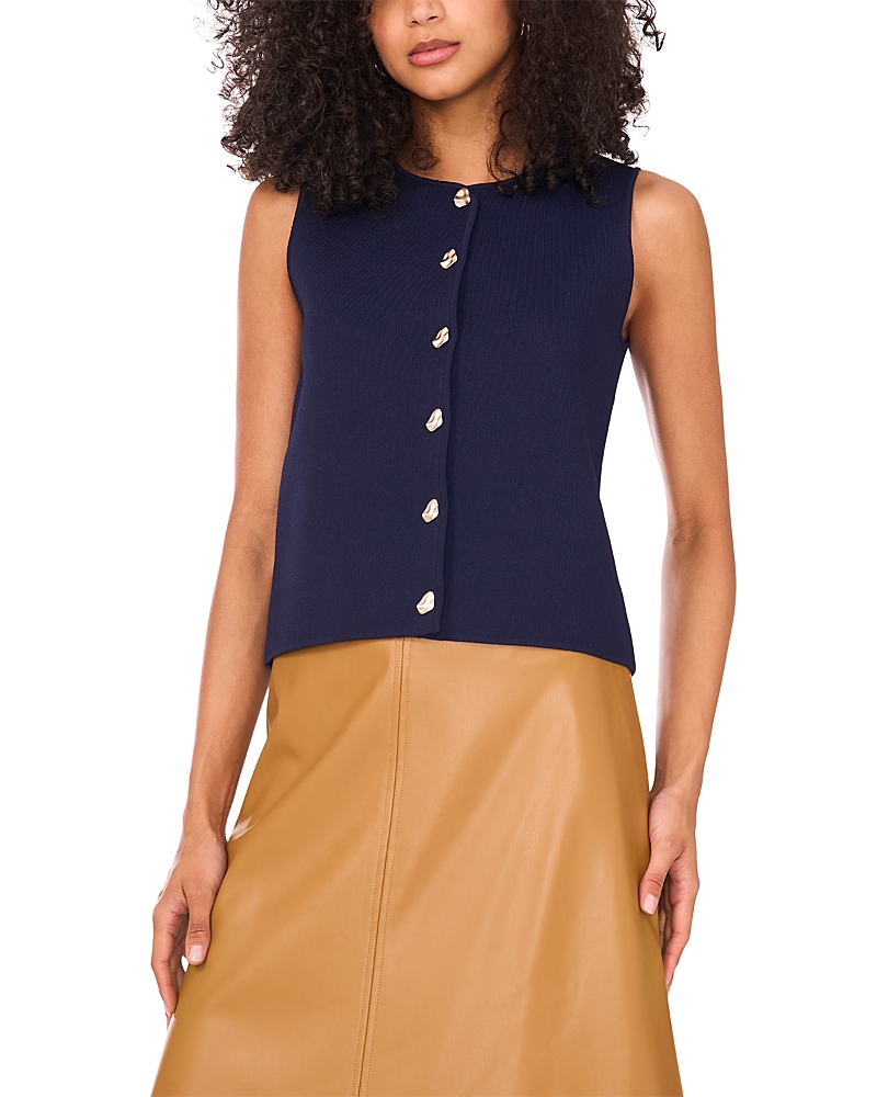 Vince Camuto Sleeveless Button Up Crewneck Top In Blue