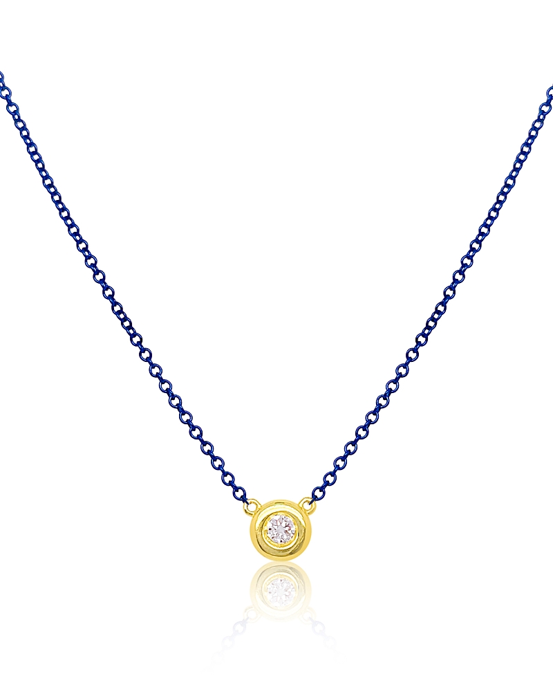 Meira T Yellow Gold Plated Silver Bezel Set Diamond Necklace On A Blue Rhodium Plated Silver Chain, 16-18 In Blue
