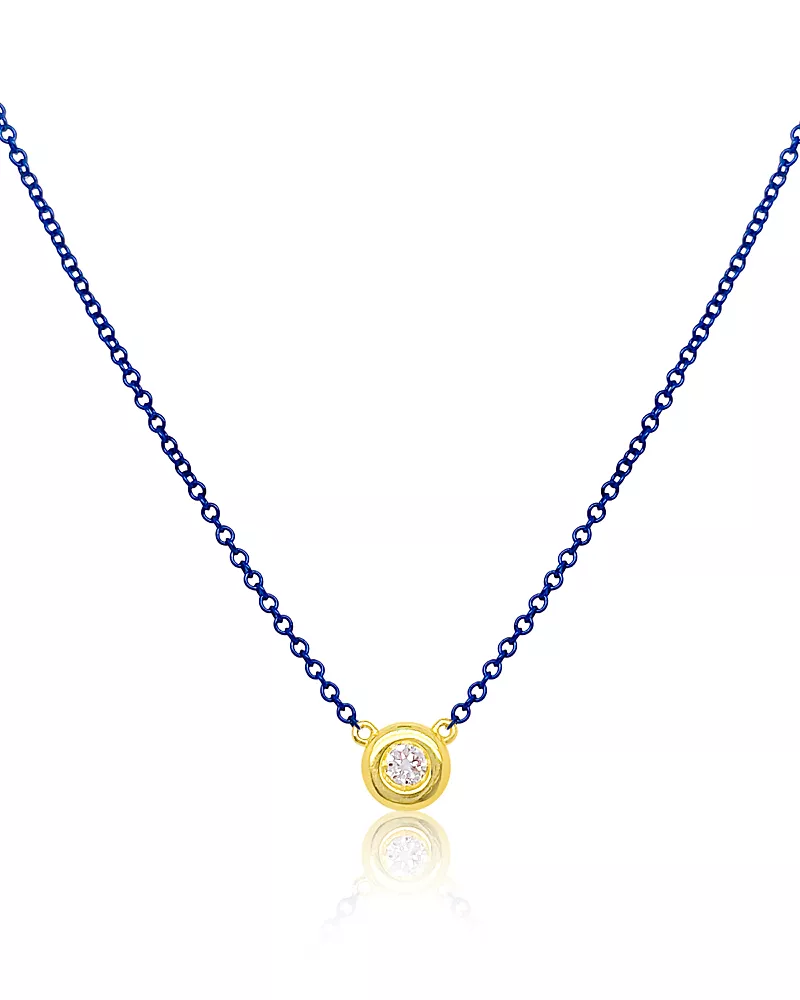 Meira T Yellow Gold Plated Silver Bezel Set Diamond Necklace on a Blue Rhodium Plated Silver Chain, 16