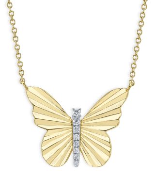 14K Yellow Gold Diamond Ribbed Butterfly Necklace, 18"