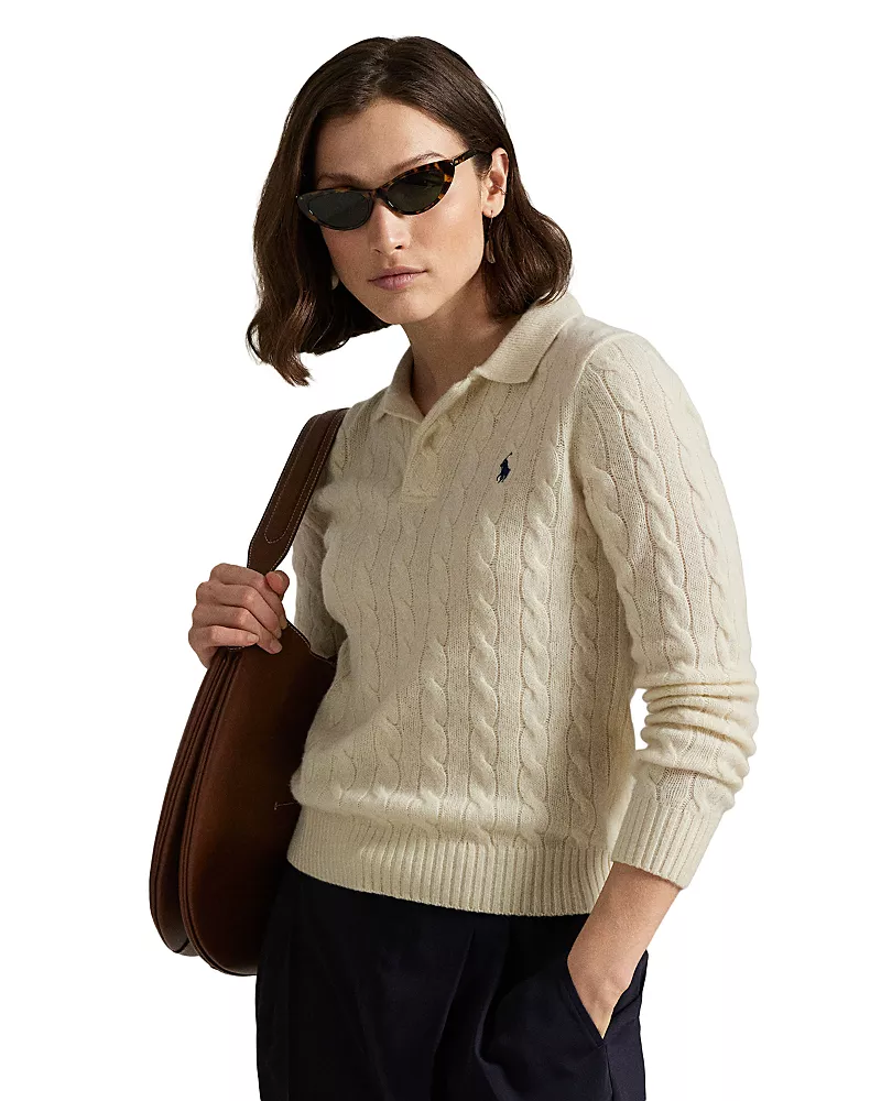 Polo Ralph Lauren Cable Knit Wool Cashmere Polo Sweater