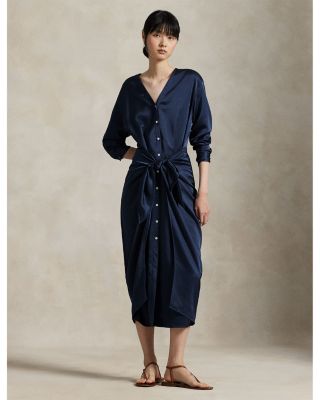 Satin Tie Front Wrap Shirtdress