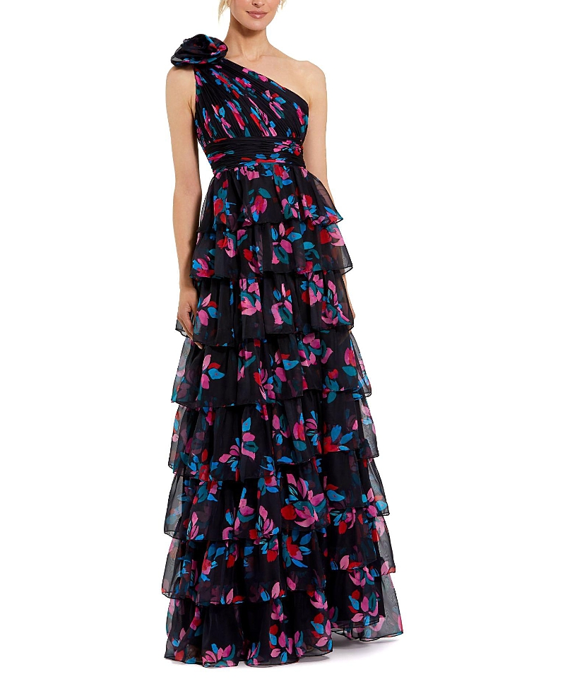 Mac Duggal One Shoulder Printed Chiffon Tiered Ruffle Gown In Multi