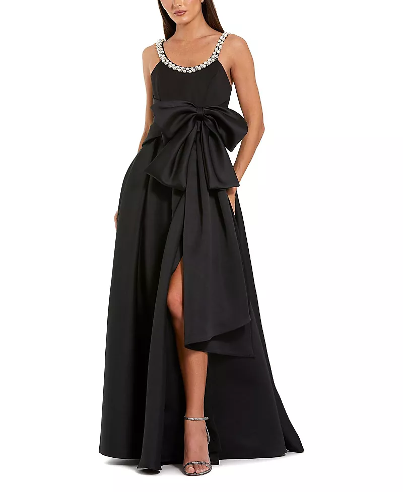 Mac Duggal Satin With Pearl Neckline and Bow Detail Gown