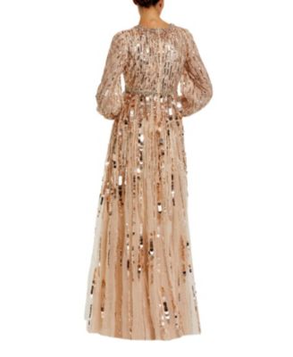 Embellished Mesh Long Sleeve V Neck Gown