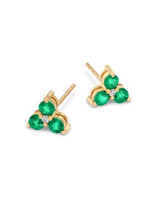 Emerald & Diamond Trio Stud Earrings in 14K Yellow Gold