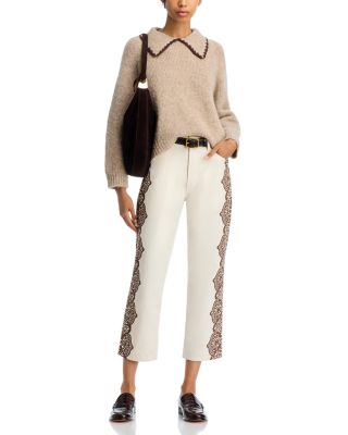 The Lace Print Wayn High Rise Cropped Jeans in Cream with Brown
