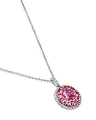 Pink Sapphire & Diamond Halo Pendant Necklace in 14K Rose & White Gold, 16"-18"
