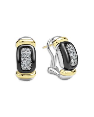 Diamond & Black Ceramic Huggie Earrings in Sterling Silver & 18K Gold Plated Sterling Silver 