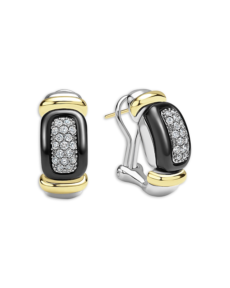 Lagos Diamond & Black Ceramic Huggie Earrings in Sterling Silver & 18K Gold Plated Sterling Silver