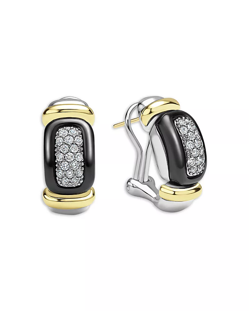 Lagos Diamond & Black Ceramic Huggie Earrings in Sterling Silver & 18K Gold Plated Sterling Silver