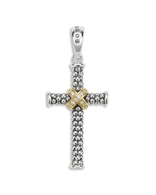 Small Two Tone Caviar Beaded Diamond Cross Amulet, 0.038 tcw